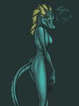  dragon female fins invalid_tag ldr nude reptile scalie sealight solo teal_background yellow_eyes 