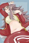  belly blush bra breasts brown_eyes brown_hair glasses highres honky jacket large_breasts long_hair lying messy_hair navel open_clothes open_jacket pants plump semi-rimless_eyewear solo track_jacket track_pants underwear yonezawa_natsumi yuusha_to_maou 