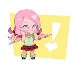  ! 1girl blush braid chibi embarrassed flower hair_bobbles hair_ornament hands_on_own_face heart hirose_yasuho jojo_no_kimyou_na_bouken jojolion long_hair loose_socks moyori open_mouth pink_eyes pink_hair rose shoes simple_background skirt sneakers socks solo standing yellow_background 