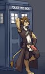  balls belt boulevard brown_fur brown_hair coat doctor_who feline fur hair lion looking_at_viewer male mammal penis presenting solo tardis 