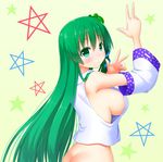  asamura_hiori ass bare_shoulders blush bottomless breasts detached_sleeves green_eyes green_hair hands kochiya_sanae large_breasts light_smile long_hair no_bra sideboob simple_background solo touhou very_long_hair 