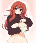  aty_(summon_night) blue_eyes bottomless breasts brown_hair cloth clothes_lift groin hoppege large_breasts long_hair out-of-frame_censoring rag shirt_lift solo summon_night summon_night_3 sweater sweater_lift turtleneck underboob wiping 