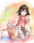  :3 animal animal_ears animal_in_clothes arm_support bad_id bad_pixiv_id barefoot blush brown_hair bunny bunny_ears carrot carrot_necklace dress feet foreshortening inaba_tewi jewelry kyon_(fuuran) lips looking_at_viewer necklace pendant pink_dress pov_feet red_eyes short_hair sitting smile soles solo too_many too_many_bunnies touhou under_clothes 