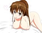  1girl bad_anatomy breasts brown_eyes brown_hair female heart long_hair looking_at_viewer lying nipples nude on_stomach ponytail poorly_drawn smile solo taneshima_popura tom-ani tongue tongue_out working!! 