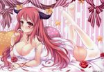  absurdres babydoll bed_sheet blush bow breasts cleavage curtains curvy feet_up flower highres horns large_breasts long_hair looking_at_viewer lying maou_(maoyuu) maoyuu_maou_yuusha murasakigo on_stomach polka_dot red_eyes red_hair rose soles strap_slip the_pose thighhighs white_legwear 