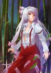  arm_garter baggy_pants bamboo buckle colored_eyelashes cookie_ex dress_shirt fujiwara_no_mokou hair_ribbon highres lavender_hair leaf long_hair long_sleeves looking_away open_clothes open_shirt pants puffy_long_sleeves puffy_sleeves red_eyes ribbon sarashi shirt silver_hair solo suspenders touhou unbuttoned very_long_hair white_hair white_shirt 