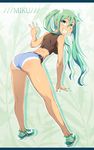  ass belt character_name denim denim_shorts green_eyes green_hair grin hatsune_miku leaning_forward letterboxed long_hair looking_back ouka_(oukakaka) short_shorts shorts smile solo tan twintails v vocaloid 
