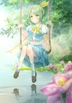  blush daiyousei fairy_wings flower grass green_eyes green_hair namari_(angelaqxi) reflection ribbon shoes short_hair side_ponytail sitting skirt smile socks solo swing touhou tree water wings 