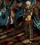  blood chains defeated dragon_age_2 elf fangs fenris_(dragon_age) highres horns monster pointy_ears short_hair silver_hair sword torn_clothes warrior weapon 