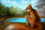  breasts butt canine female flower fox green_eyes hair hindpaw house invalid_tag long_tail looking_at_viewer mammal nude outside owlkin paws plants pool side_boob sky smile solo unknown_artist water 