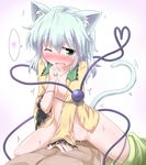 1girl animal_ears baerun blush bottomless breasts cat_ears cat_tail collarbone cowgirl_position girl_on_top green_eyes happy_sex heart heart_of_string hetero kemonomimi_mode komeiji_koishi long_sleeves no_bra no_hat no_headwear one_eye_closed open_clothes open_mouth open_shirt petite pov sex shirt silver_hair small_breasts solo_focus spoken_heart straddling tail touhou vaginal wide_sleeves 
