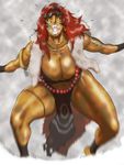  amazon barefoot beads bikini_top bracelet bracer breasts dark_skin earrings facial_mark fangs fur highres huge_breasts jewelry loincloth muscle nappy_happy necklace pelt red_eyes red_hair screaming simple_background tattoo thick_thighs thighs tiara yellow_sclera 