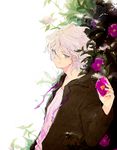  bad_id bad_pixiv_id danganronpa flower grey_eyes hood hoodie jacket komaeda_nagito long_hair male_focus smile solo super_danganronpa_2 white_hair yubari 