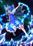  absurdres blue_eyes blue_hair bow character_name cirno dress dress_shirt embellished_costume flying hair_bow highres ice ice_wings mary_janes nail_polish open_mouth shirt shoes short_hair smile solo touhou urufu wings 