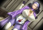  arecia_al-rashia black_gloves black_hair breasts cameltoe cigarette cleavage coat curvy dutch_angle earrings final_fantasy final_fantasy_type-0 glasses gloves headband holding huge_breasts jacket jewelry leggings looking_at_viewer milf navel necklace pendant scarf shibire_hitsuji standing wavy_hair yellow_eyes 
