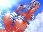  1girl ass bikini blue_eyes blue_hair breasts dark_skin erect_nipples hairband kotoura-san large_breasts long_hair looking_back mifune_yuriko revision sako_(bosscoffee) side-tie_bikini striped striped_bikini striped_swimsuit swimsuit tan tanline wedgie 