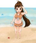  1girl ahoge beach bikini breasts brown_eyes brown_hair cleavage frilled_bikini frills from_above long_hair looking_at_viewer looking_up open_mouth ponytail solo starfish suri_(203) swimsuit taneshima_popura teeth very_long_hair water working!! 