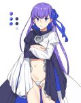  1girl blue_eyes blue_ribbon breasts color_guide crossed_arms crotch_plate fate/extra fate/extra_ccc fate/grand_order fate_(series) frown hair_ribbon long_hair long_sleeves meltlilith michihasu midriff navel purple_hair ribbon simple_background sleeves_past_wrists solo underboob white_background 