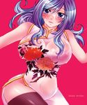  1girl bare_shoulders blue_hair blush breasts chinese_clothes cum fairy_tail juvia_loxar long_hair open_mouth pink_background purple_eyes thighhighs 