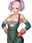  bare_shoulders breasts brown_eyes cameltoe covered_nipples epon fumio_(rsqkr) gloves hands_on_hips large_breasts lips overalls ponytail purple_hair short_hair silver_hair simple_background solo tobal_no._1 white_background wide_hips 