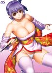  absurdres areola_slip areolae ayane_(doa) breasts covered_nipples dead_or_alive detached_sleeves headband highres iruma_kamiri japanese_clothes kunai large_breasts nail_polish panties purple_hair red_eyes short_hair solo thighhighs underwear weapon 