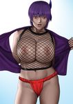  1girl areolae ayane ayane_(doa) breasts dead_or_alive erect_nipples fishnet_top fishnets fundoshi headband highres huge_breasts karma-laboratory navel ninja ninja_gaiden nipples no_bra open_mouth panties purple_hair red_eyes short_hair solo standing tecmo underwear undressing 