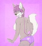  &lt;3 abstract_background back_turned breasts butt canine female hair invalid_tag jess_(teckly) looking_at_viewer nipples panties purple_eyes purple_hair side_boob smile solo tongue tongue_out underwear unknown_artist wolf 