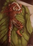  anthro bed breasts digitigrade feline female flower hair hindpaw lying mammal nude on_front pawpads paws pinup pose red_hair side_boob soles solo stripes teiirka tiger toes 