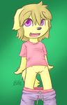  anthro blonde_hair canine clothed clothing cub cute dakota dog female flashing golden_retriever hair half-dressed looking_at_viewer mammal manafox open_mouth panties pants pants_down purple_eyes pussy shirt solo underwear undressing young 