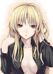  alternate_hairstyle blonde_hair breasts fate_testarossa hair_down large_breasts long_hair long_sleeves lyrical_nanoha mahou_shoujo_lyrical_nanoha_strikers open_clothes open_shirt red_eyes shirt simon_(n.s_craft) solo 
