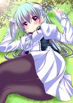  bad_id bad_pixiv_id black_legwear blush dress grass green_hair haruta_(806060) juliet_sleeves long_hair long_sleeves looking_at_viewer looking_back lying on_side original outdoors pantyhose plant puffy_sleeves purple_eyes thighs two_side_up white_dress 