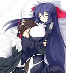  1girl aoi_toori asama_tomo bed blue_hair breast_smother breasts eyes_closed fingerless_gloves gloves hair_ornament hair_ribbon hug huge_breasts kyoukai_senjou_no_horizon kyoukaisenjou_no_horizon long_hair lying on_back ribbon robe siranui sleeping very_long_hair 