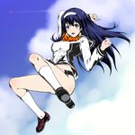  bad_id bad_pixiv_id blue_eyes blue_hair breasts cloud day futaba_aoi_(vividred_operation) hairband long_hair medium_breasts national_shin_ooshima_school_uniform navel school_uniform shorts sky socks solo vividred_operation zucchini 