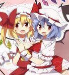  ascot bat_wings blonde_hair blue_hair fang flandre_scarlet hat hat_ribbon heart heart_of_string looking_at_viewer multiple_girls open_mouth puffy_sleeves red_eyes remilia_scarlet ribbon saibi shirt short_sleeves siblings side_ponytail sisters skirt smile touhou wings wrist_cuffs 