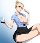  bare_legs breasts cleavage courtney_collins crossed_legs cup glasses gradient gradient_background hair_bun hair_up holding large_breasts lipstick looking_at_viewer makeup metal_gear_(series) metal_gear_rising:_revengeance mole mug name_tag no_bra pointing ribonzu side_slit sitting skirt solo thighs unbuttoned watch wristwatch 