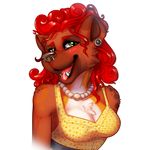 cleavage clothed clothing curly_hair ear_piercing facial_piercing female fivel gauged_ear green_eyes hair hyena looking_at_viewer mammal nose_piercing piercing red_hair septum_piercing solo tongue tongue_piercing 