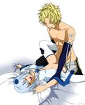  1boy 1girl bed blonde_hair breasts clothed_sex eyes_closed fairy_tail flower hair_flower hair_ornament missionary moaning open_mouth sex short_hair sting_eucliffe vaginal white_hair yukino_aguria 