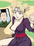  1girl areola_slip areolae black_hair blonde_hair blue_eyes breasts cleavage earrings erect_nipples fingerless_gloves gloves headband highres jeljuel jewelry large_breasts legs looking_at_viewer naruto ninja nipples no_bra open_mouth sitting smile temari thighs 