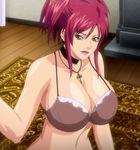  1girl bra breasts carpet choker cleavage female key large_breasts lipstick makeup mamiya_marie mole mole_under_eye necklace red_hair screencap solo starless stitched underwear wooden_floor 