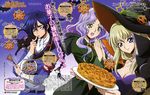  2girls :d absurdres animal anna_clement breasts cake cat cleavage code_geass code_geass:_boukoku_no_akito food halloween hat highres hyuuga_akito leila_(code_geass) long_sleeves looking_at_viewer medium_breasts multiple_girls official_art open_mouth plate scan shimamura_hidekazu smile thinking upper_body witch_hat 