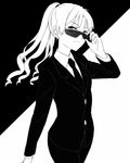  alternate_hairstyle business_suit dress_shirt formal long_hair necktie pant_suit ponytail red_eyes shirai_kuroko shirt smile solo suit sunglasses to_aru_kagaku_no_railgun to_aru_majutsu_no_index usamin_(artist) 