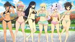  6+girls asuka_(senran_kagura) barefoot bikini black_hair breasts brown_hair cleavage eyepatch feet haruka_(senran_kagura) highres homura_(senran_kagura) ikaruga_(senran_kagura) long_hair multiple_girls navel senran_kagura short_hair smile swimsuit tan tanline torii_takashi underboob wink yagyuu_(senran_kagura) yomi_(senran_kagura) 