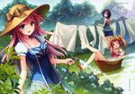  3girls absurdres an2a aqua_eyes barefoot bed_sheet black_hair blonde_hair blush clothesline collarbone dress feet flower hat highres hose long_hair looking_back multiple_girls off_shoulder open_mouth original pink_eyes pink_hair possible_duplicate puffy_sleeves short_hair short_sleeves single_shoe sitting standing turning twintails water_hose wind_mail wink 