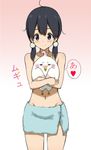  bird black_hair blue_eyes blush covering covering_breasts dera_mochimazzui heart kitashirakawa_tamako low_twintails maki_(makidai2024) short_hair smile spoken_heart tamako_market topless towel twintails 