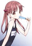  bad_id bad_pixiv_id eating flat_chest food hair_bobbles hair_ornament isshiki_momo long_hair looking_at_viewer matsuryuu one-piece_swimsuit popsicle red_eyes red_hair school_swimsuit sketch solo swimsuit twintails vividred_operation 