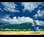  blue_eyes blue_hair bug cirno cloud day dress hand_net hat ice ice_wings mountain sasaj scenery short_hair sky solo straw_hat touhou wings 