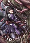  1girl black_hair blush eyes_closed faith faith_(sbi) fangs long_hair monster open_mouth phantasy_star phantasy_star_online phantasy_star_online_2 rape restrained saliva sex skirt tears tentacle tongue tongue_out vore 