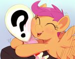  anon anonymous apples_(artist) blush cub cute equine female feral friendship_is_magic happy horse hug human male mammal my_little_pony open_mouth pegasus pony scootaloo_(mlp) smile sunibee sweetsing teeth wings young 