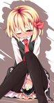  black_legwear blonde_hair blush covering covering_crotch hair_ribbon knees_together_feet_apart necktie one_eye_closed pantyhose pee peeing peeing_self petticoat red_eyes red_neckwear ribbon rumia shamo_(koumakantv) short_hair sitting skirt skirt_tug solo touhou 