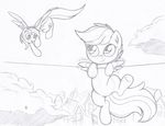  black_and_white cloud cutie_mark duo equine female feral flying friendship_is_magic hang_in_there house joey-darkmeat mammal monochrome my_little_pony outside pegasus rainbow_dash_(mlp) scootaloo_(mlp) sky string wings young 